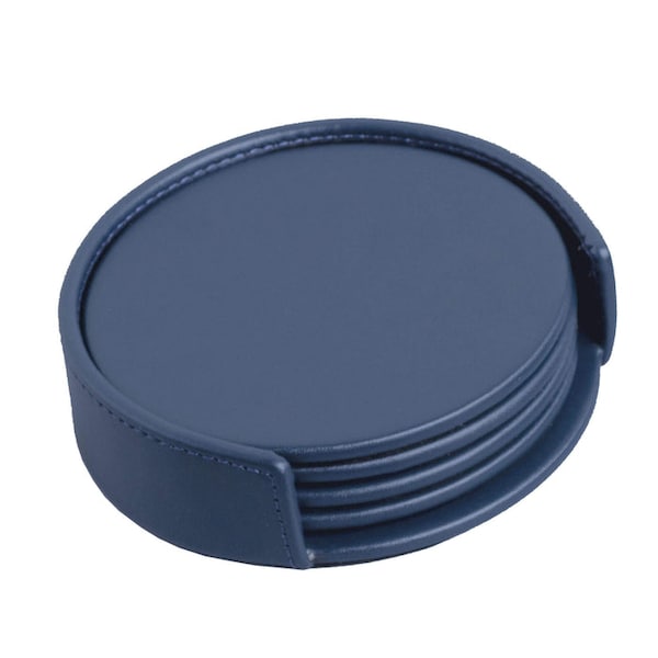 Dacasso Navy Blue Leatherette 4 Coaster Set with Holder AG-4618 - main